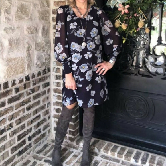 CAbi Ellery dress royal flower floral long sleeve chiffon small new #4018 - Picture 2 of 11